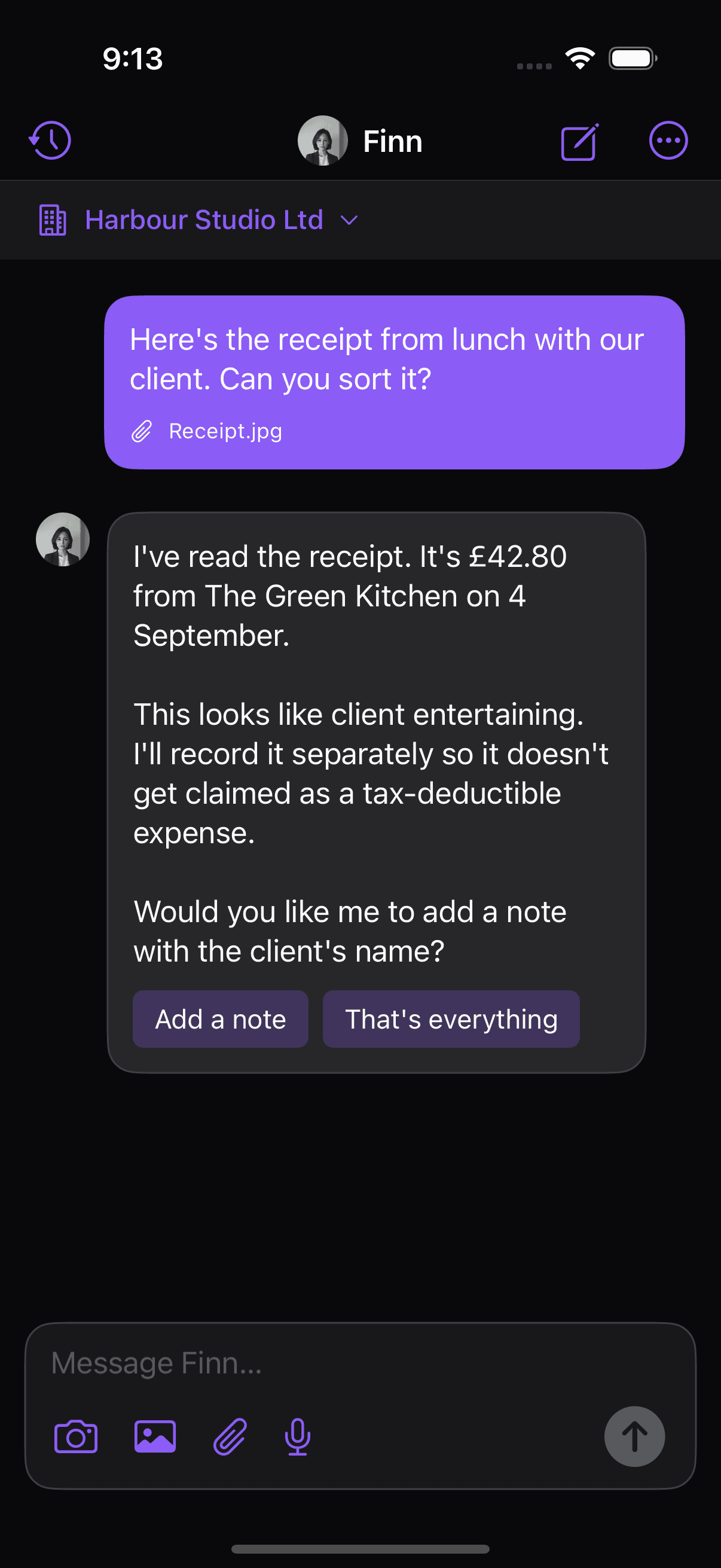 Finn iOS chat showing a receipt conversation in dark mode
