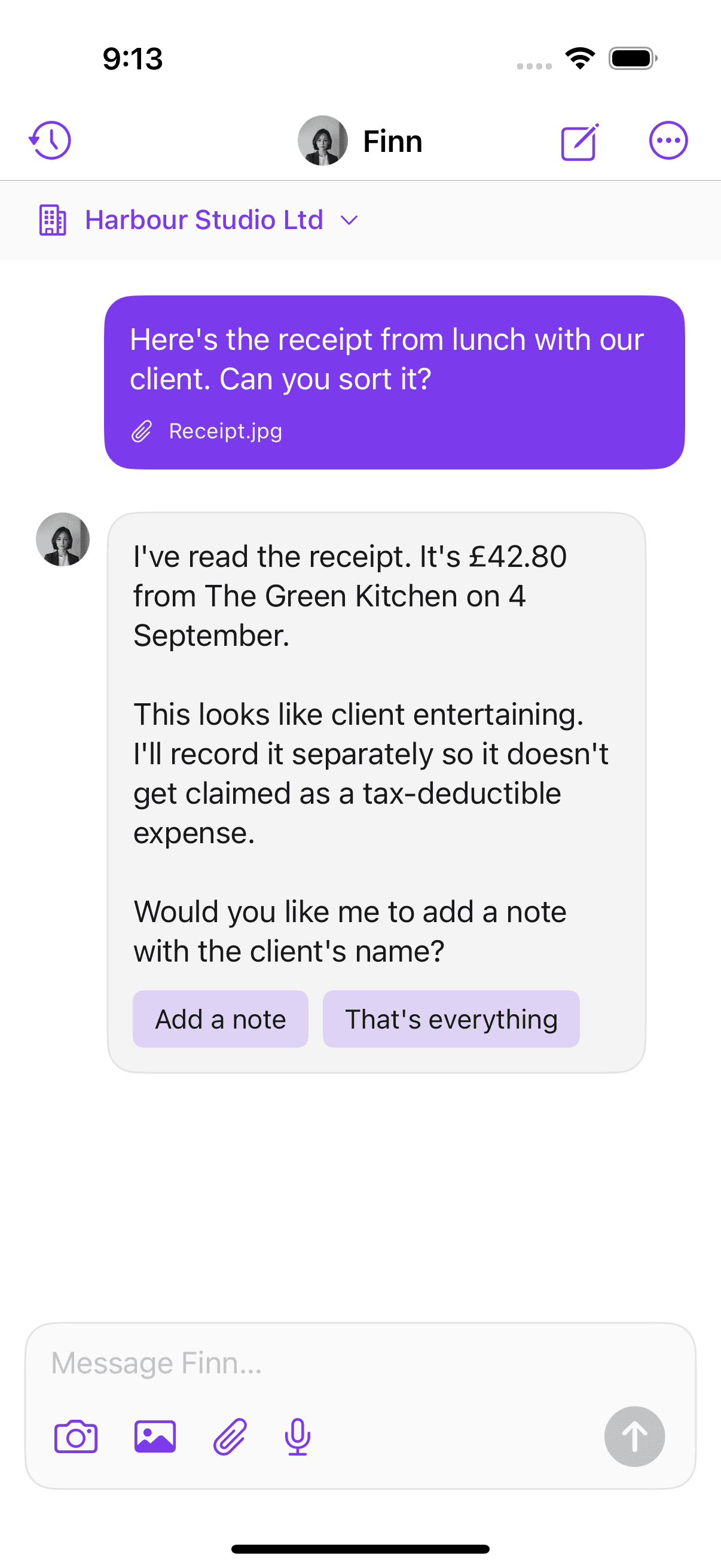 Finn iOS chat showing a receipt conversation in light mode