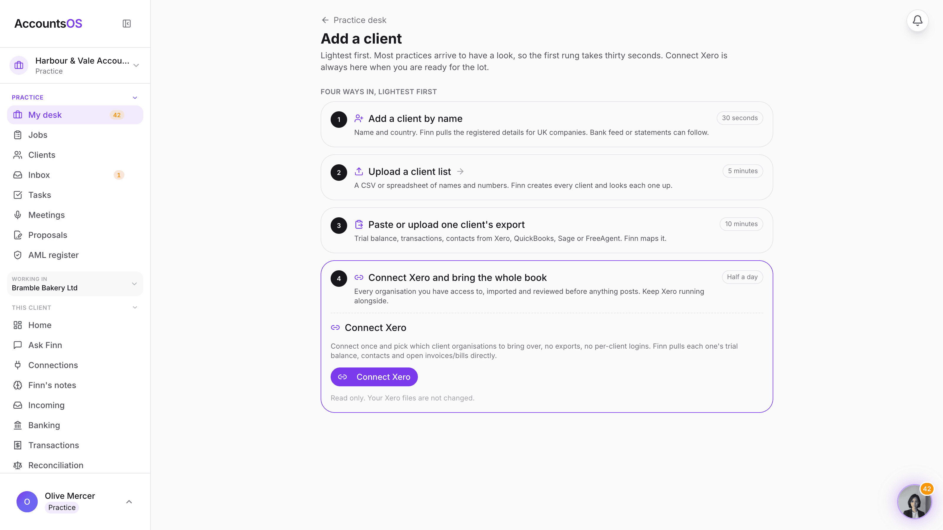 The add a client page with the Connect Xero rung open, showing the Connect Xero button and the read-only note