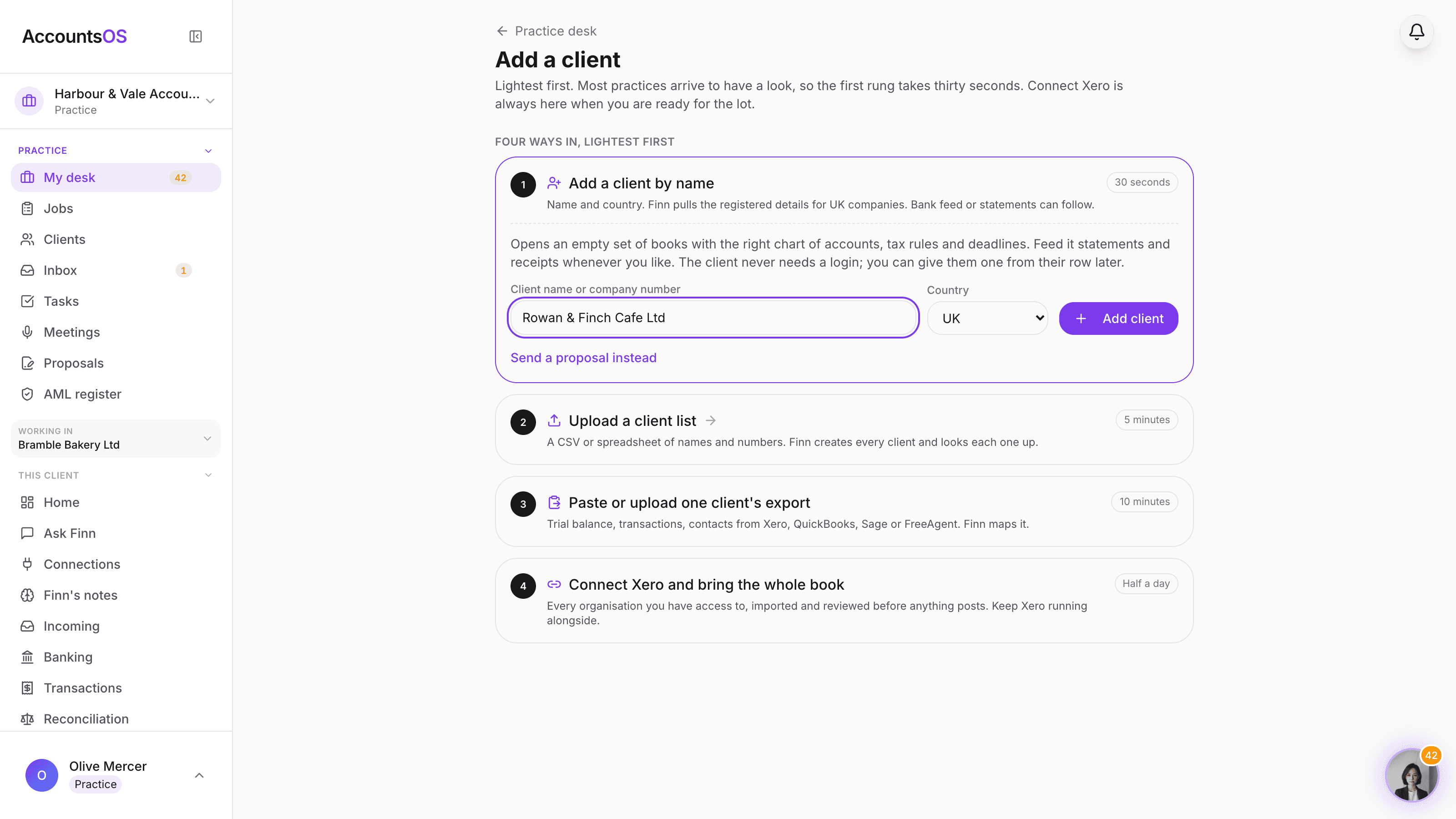 The add a client page showing the four rungs: add a client by name, upload a client list, paste or upload one client's export, and connect Xero