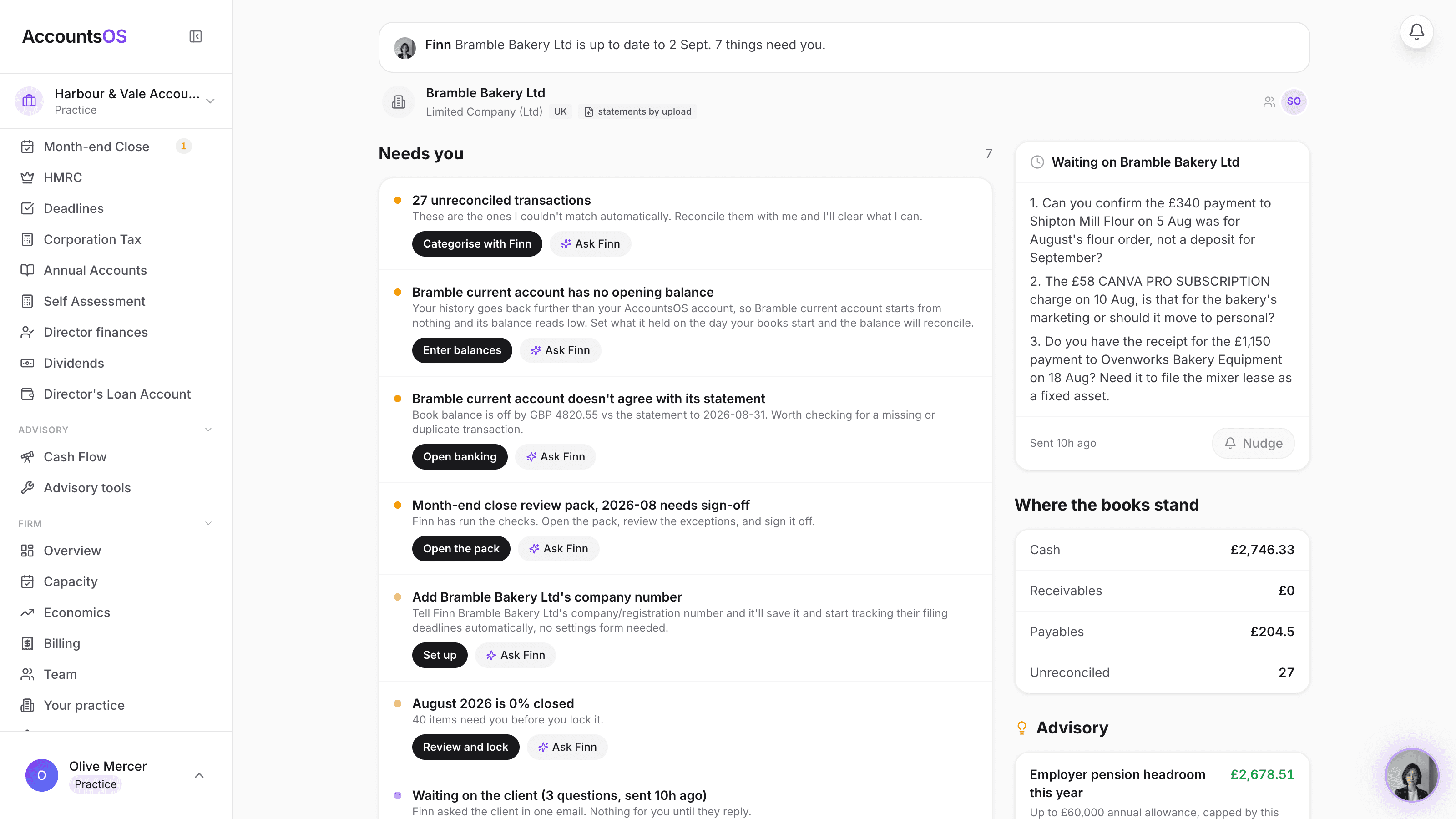 A client's home page showing the Advisory card with findings such as salary dividend mix and pension headroom, each with a figure and Open the tool and Draft the memo actions