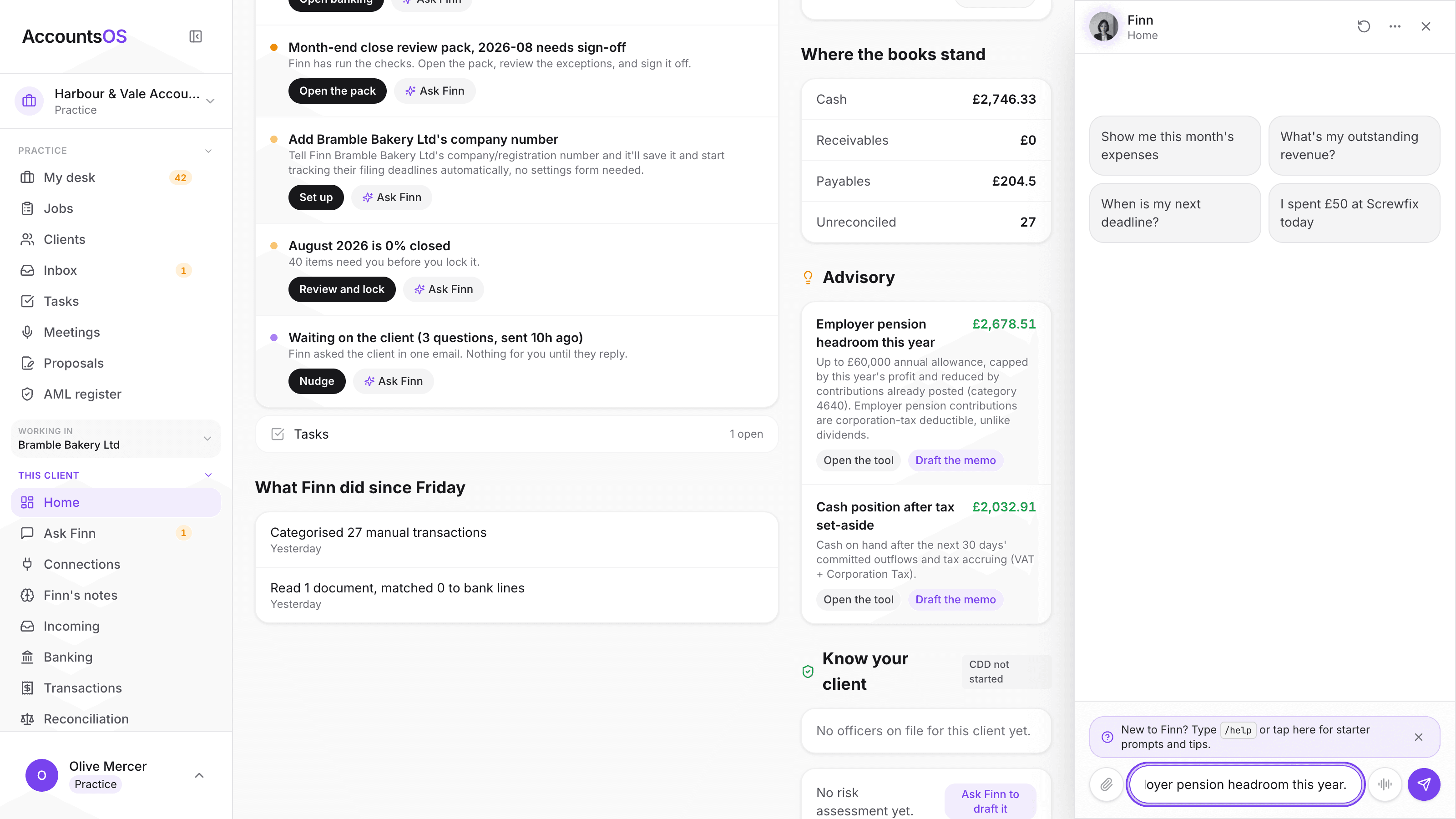 The Finn chat dock prefilled with a draft advisory memo request for a client finding, ready for the practitioner to review and send