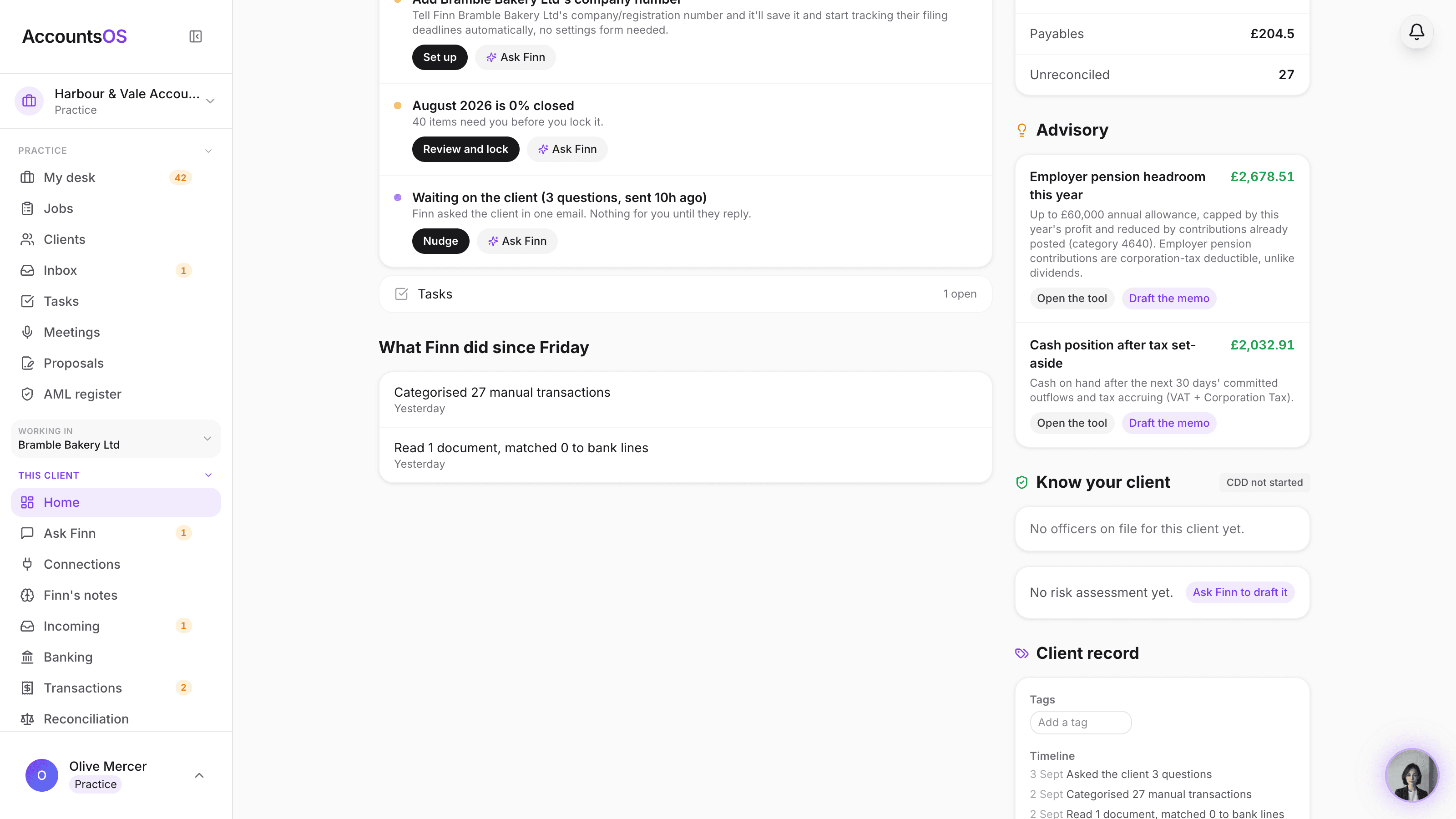 The Know your client section on a client's home page, showing each person's identity and screening check status, the CDD status pill, and Finn's draft risk assessment card