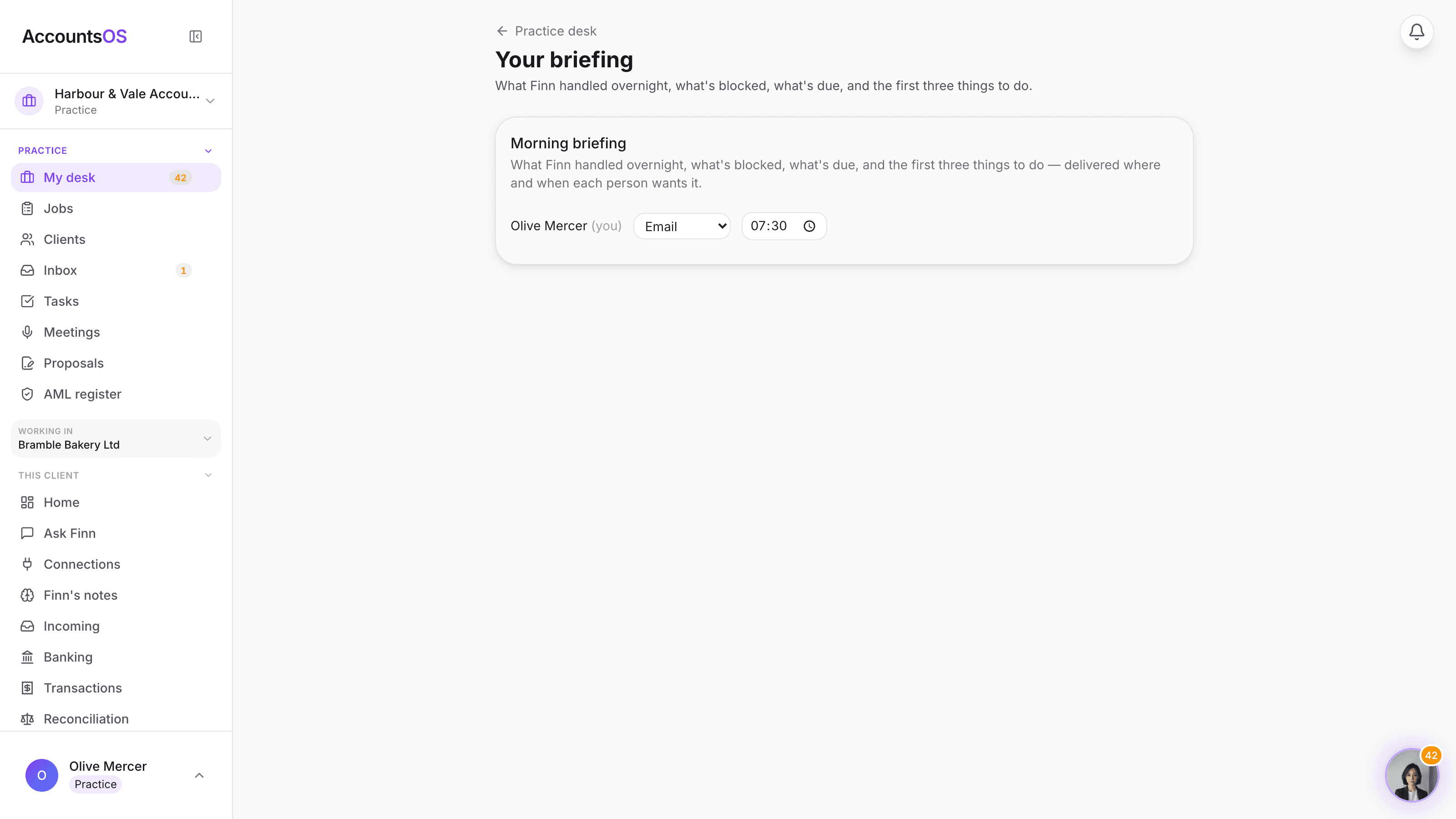 The morning briefing settings page where a team member picks email, WhatsApp or the Finn thread and the time their briefing arrives