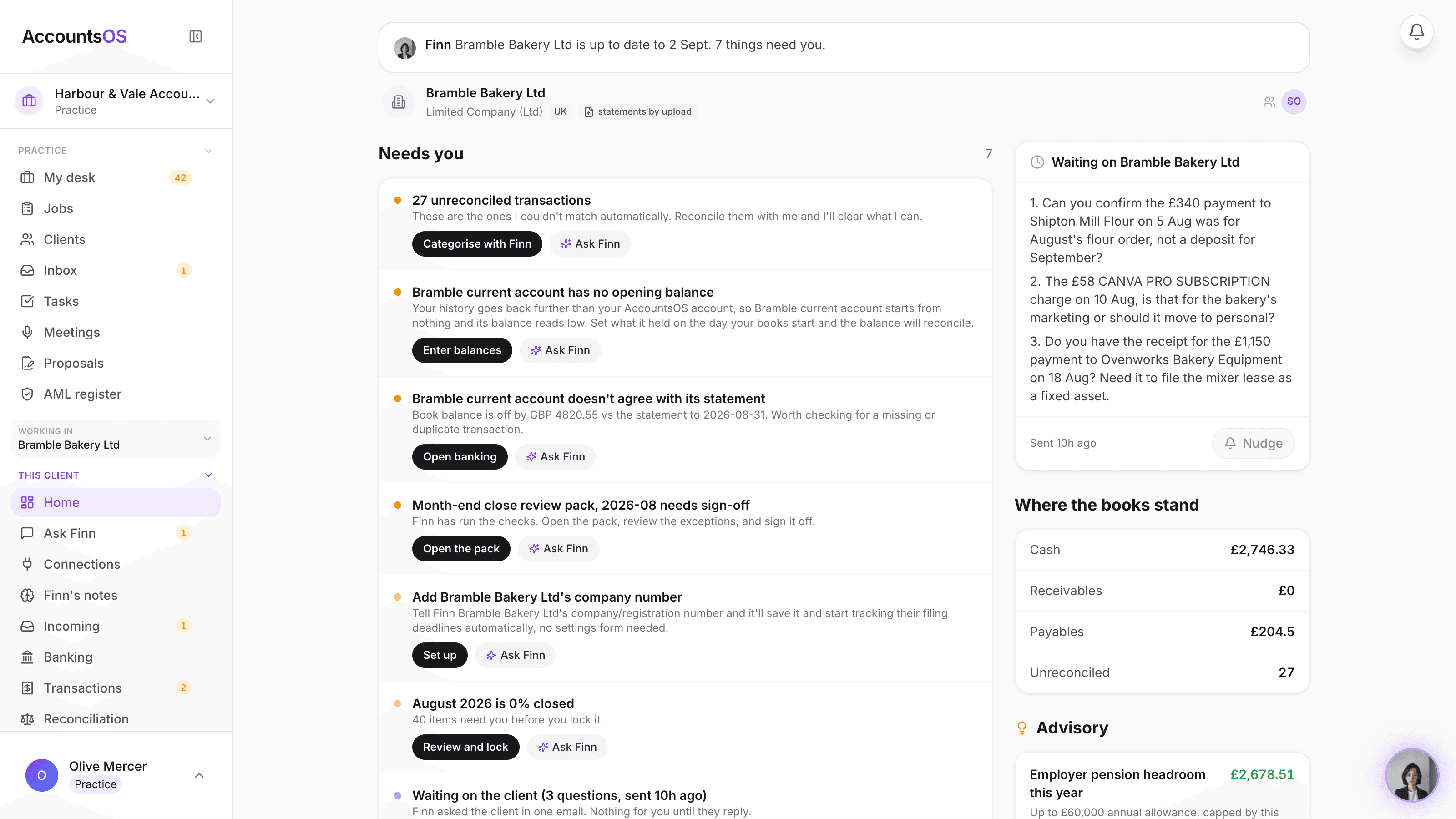 A client's home page in books mode showing Finn's status line, the Needs you list with actions, where the books stand and what Finn did recently