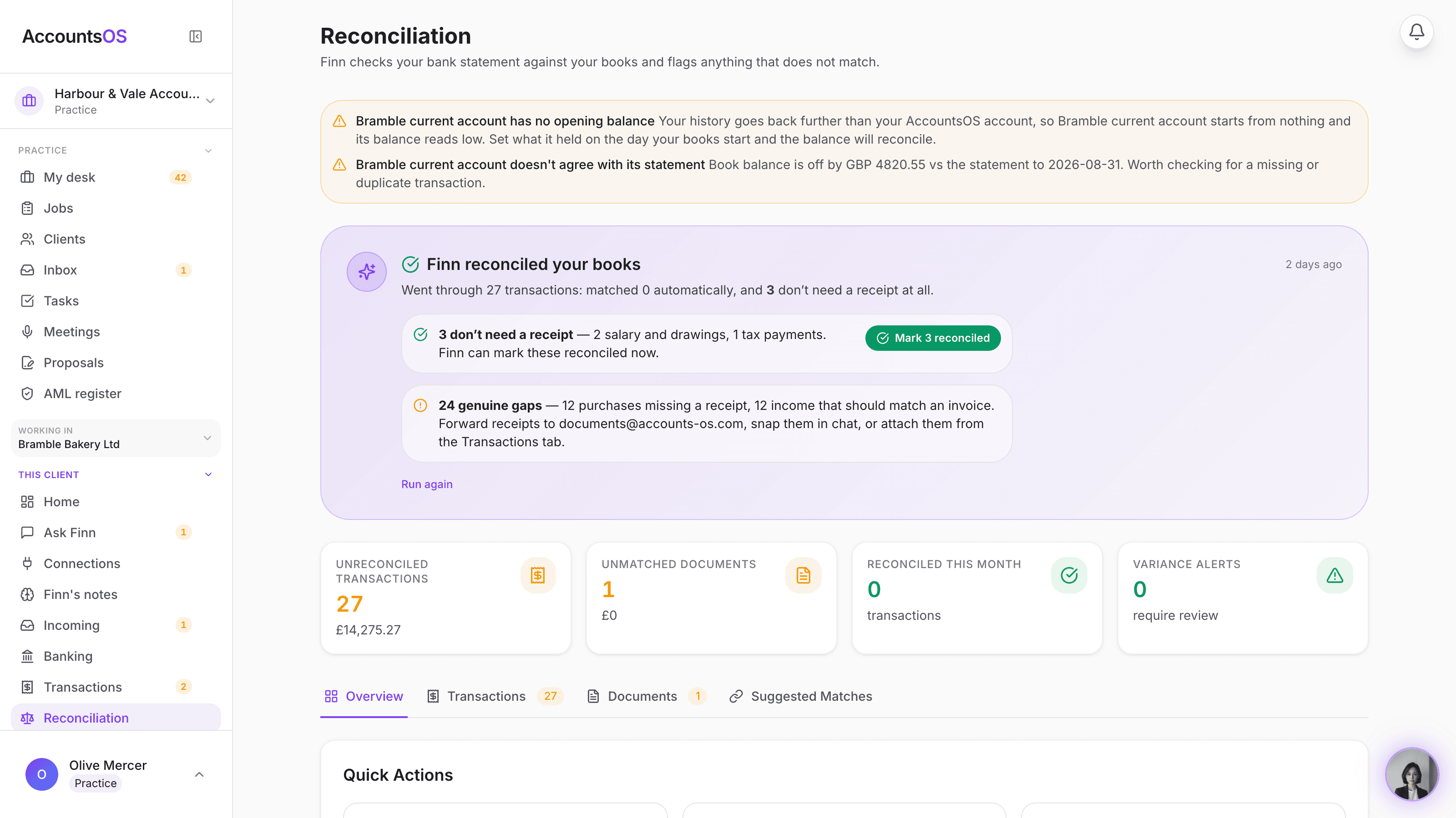 A client's reconciliation page showing matched and unmatched bank lines