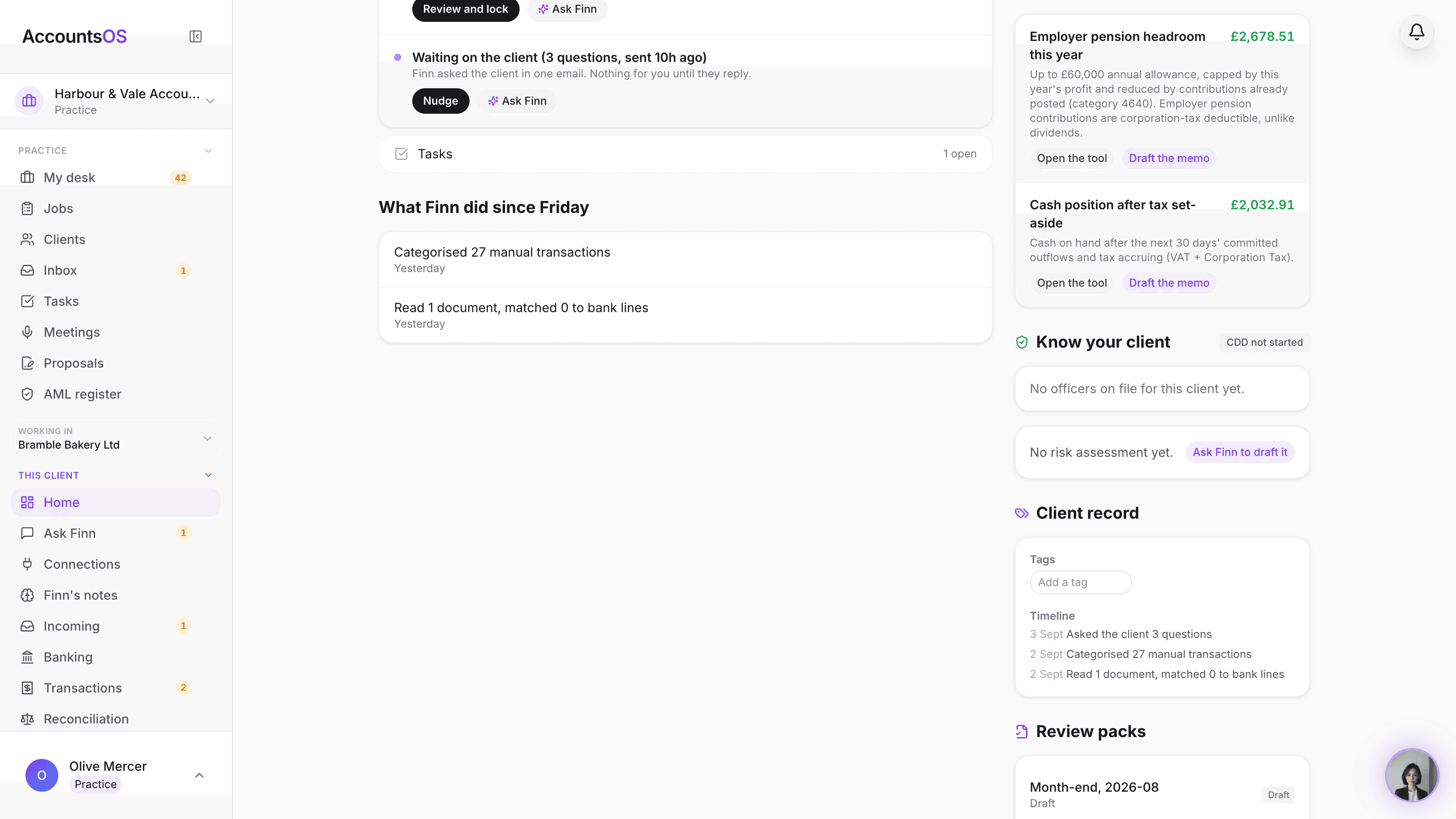 A client's Client record card showing group membership, editable tags, custom fields per the practice's own schema, and a merged timeline of Finn's activity, communications and task completions