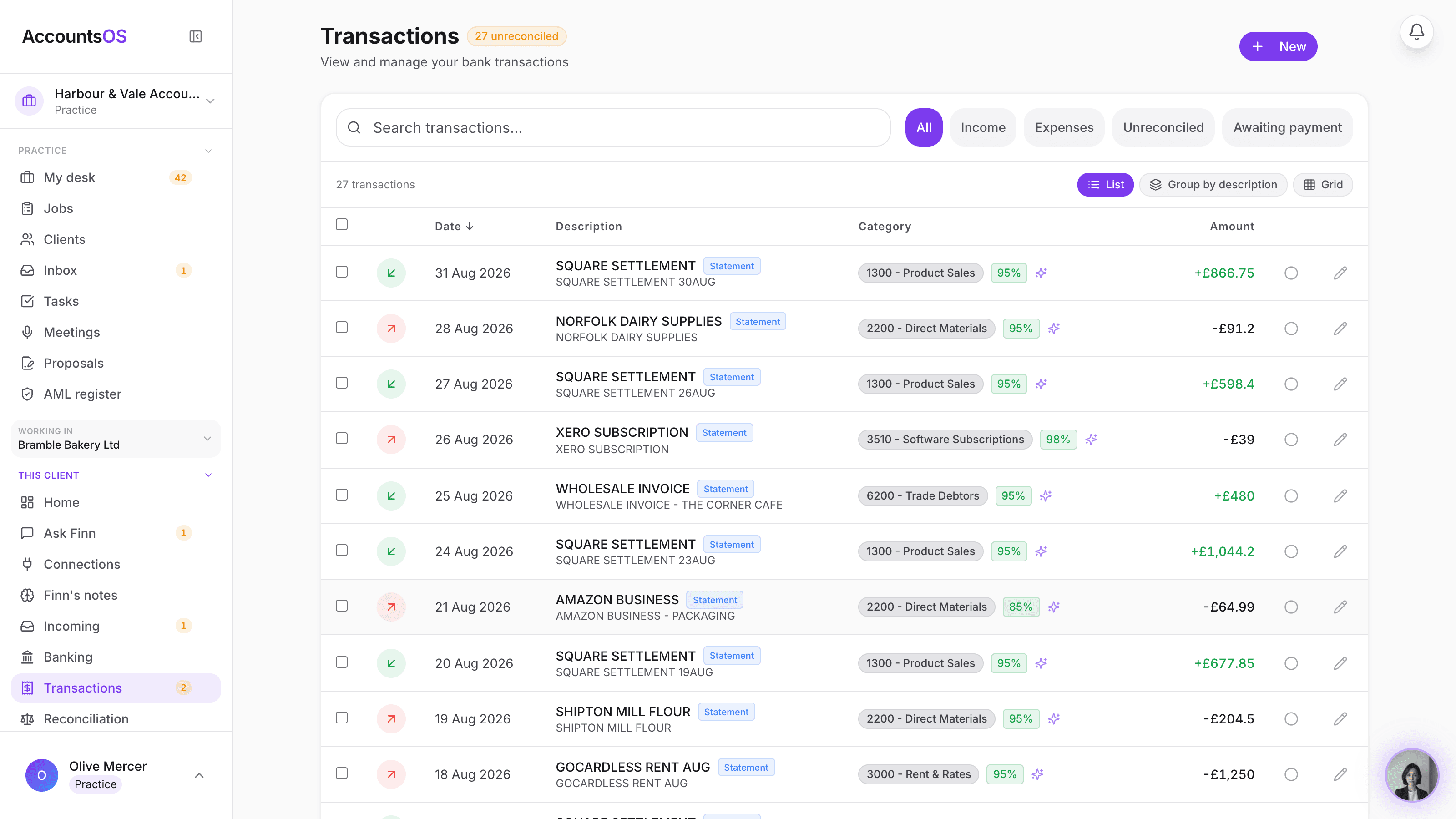 A client's transactions grouped by description with one category applied to each group