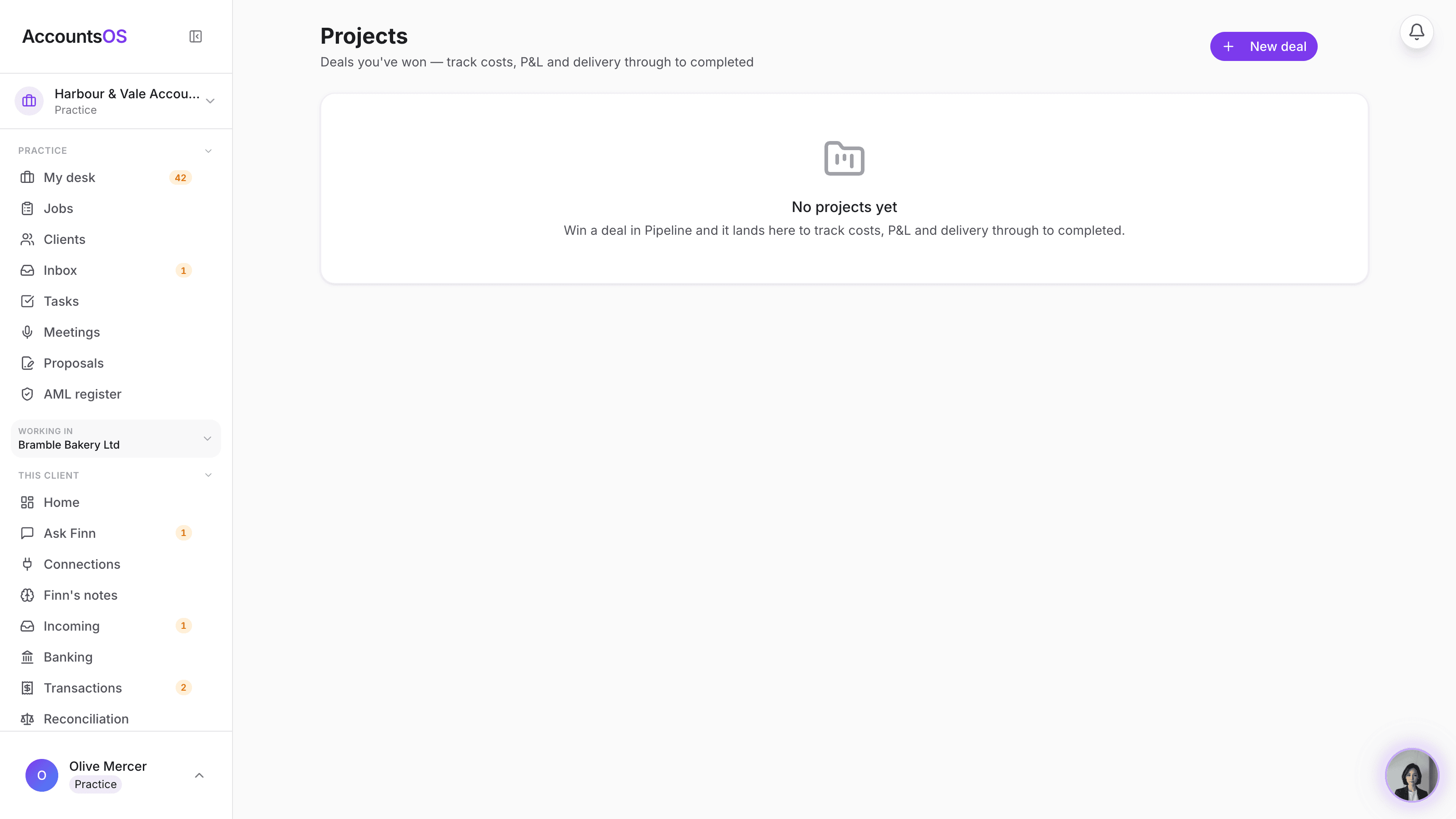 The practice's Projects screen filtered to client engagements, showing the annual fee, AccountsOS cost and this month's profit for each client