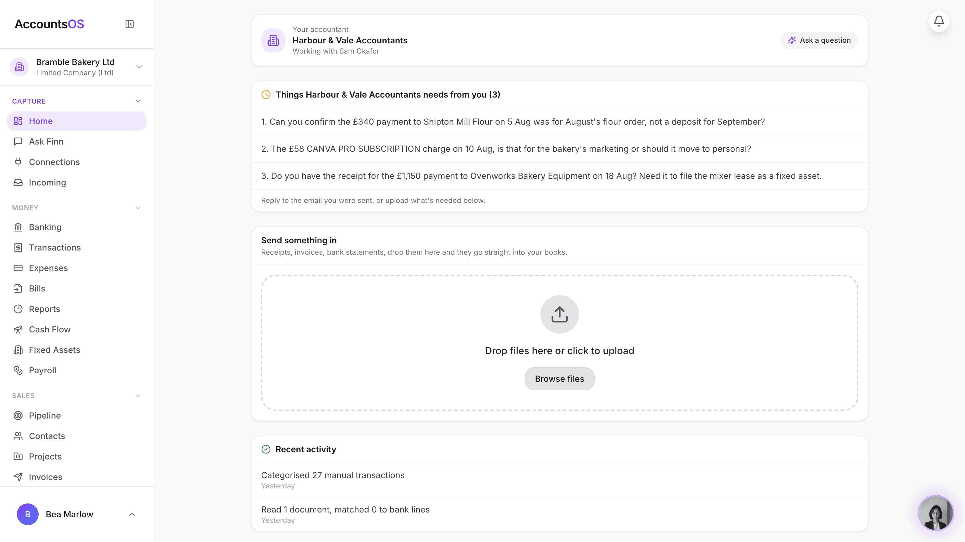 A client portal home showing the practice's name and logo, the allocated team member, and an Ask a question button
