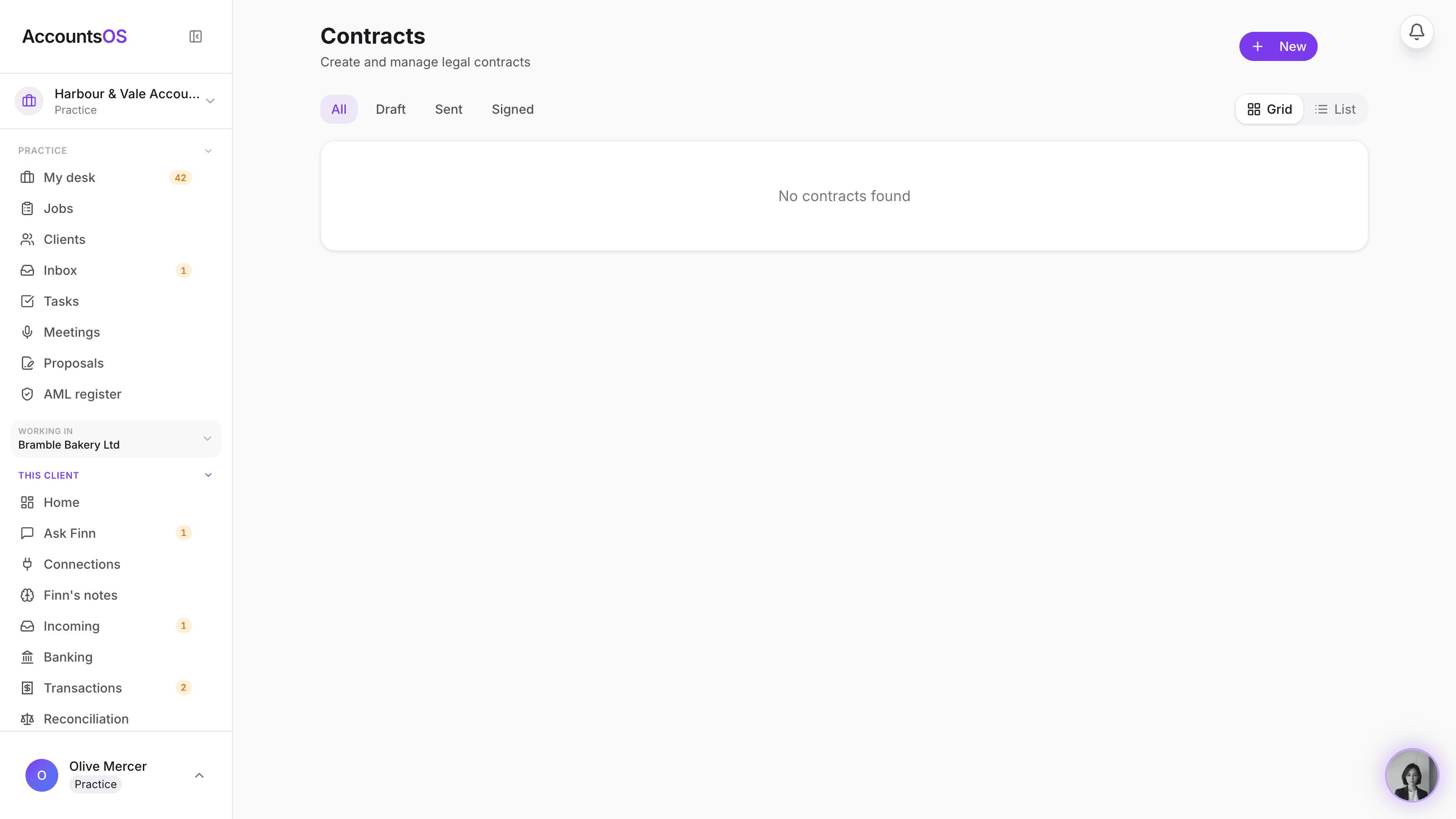 The practice's Client contracts view on /my-contracts, showing clients each with their contracts and status chips