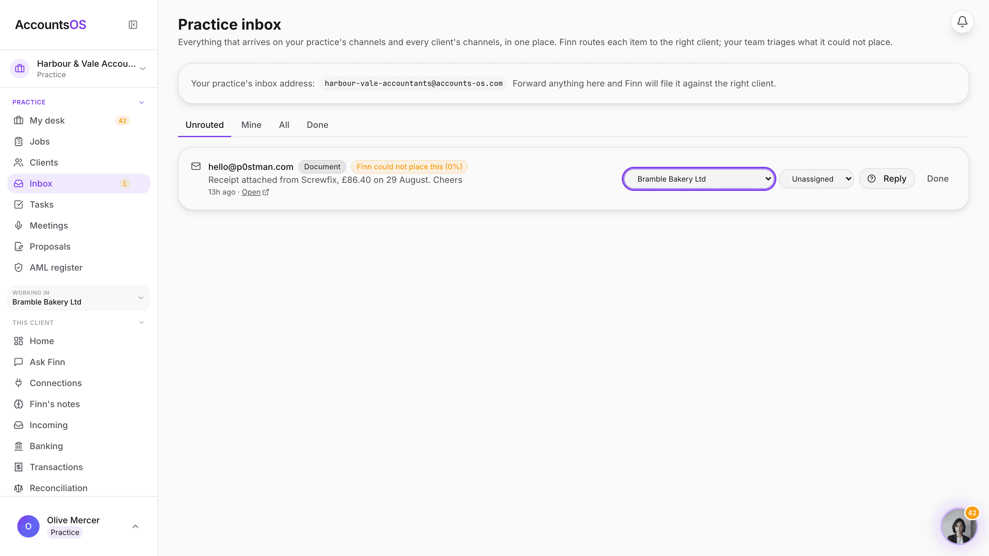 The practice inbox with the client picker open on an unrouted item, next to the assignee picker and a Reply button