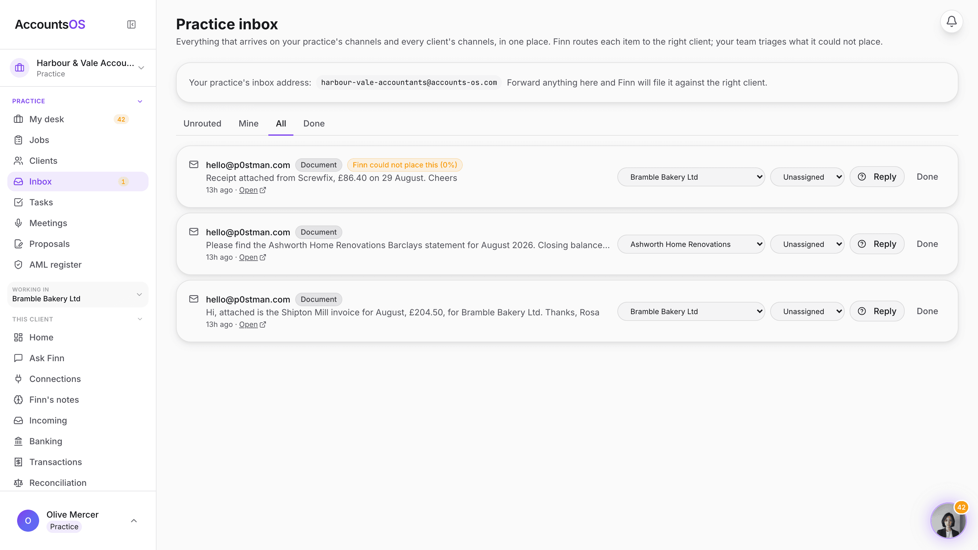 The practice inbox showing items from the practice's own channel and client channels, one flagged with an amber Finn could not place this chip