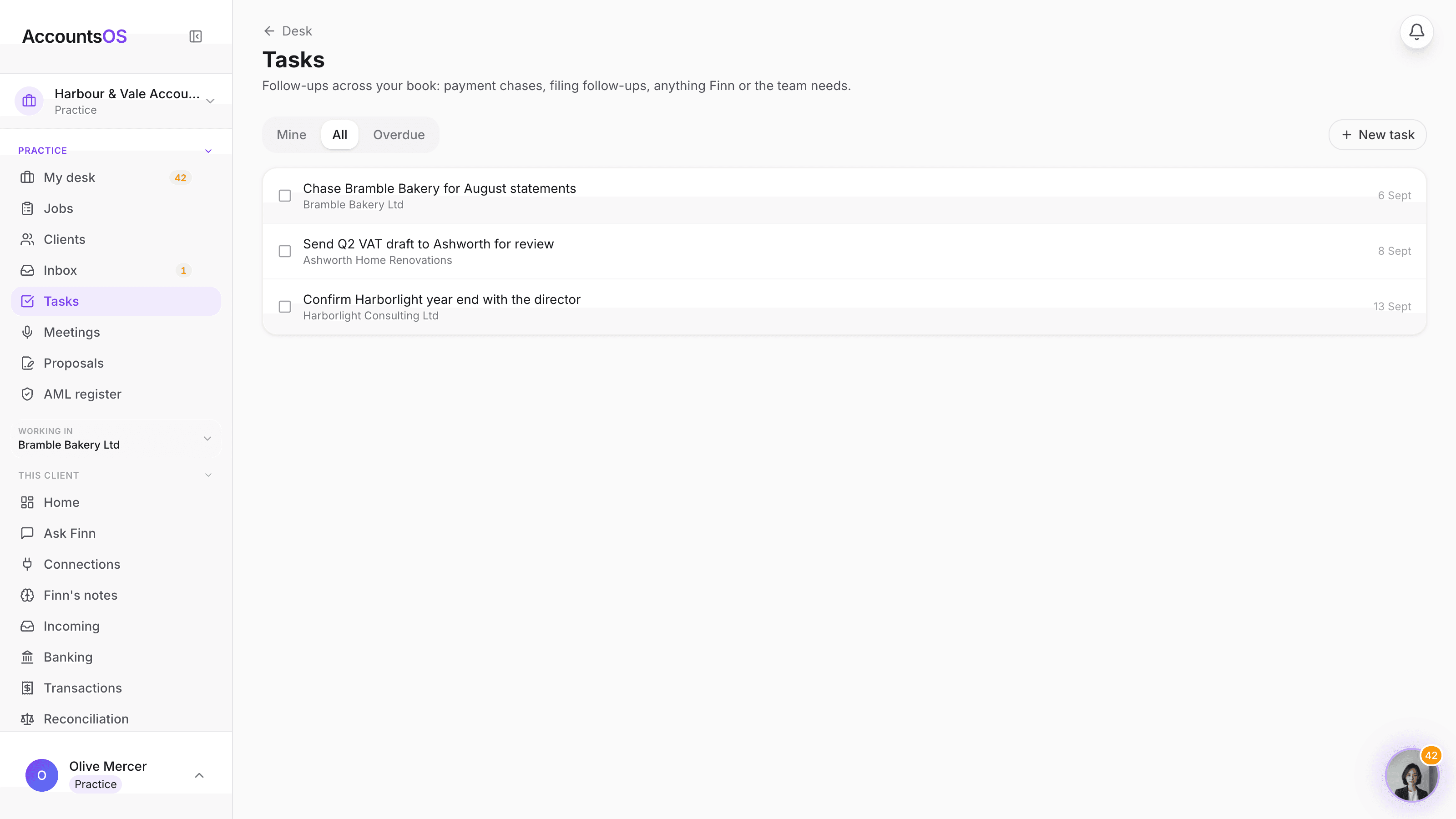 The AccountsOS practice tasks page, filtered to Mine, showing a list of follow-ups with client name, assignee and due date, and a New task form