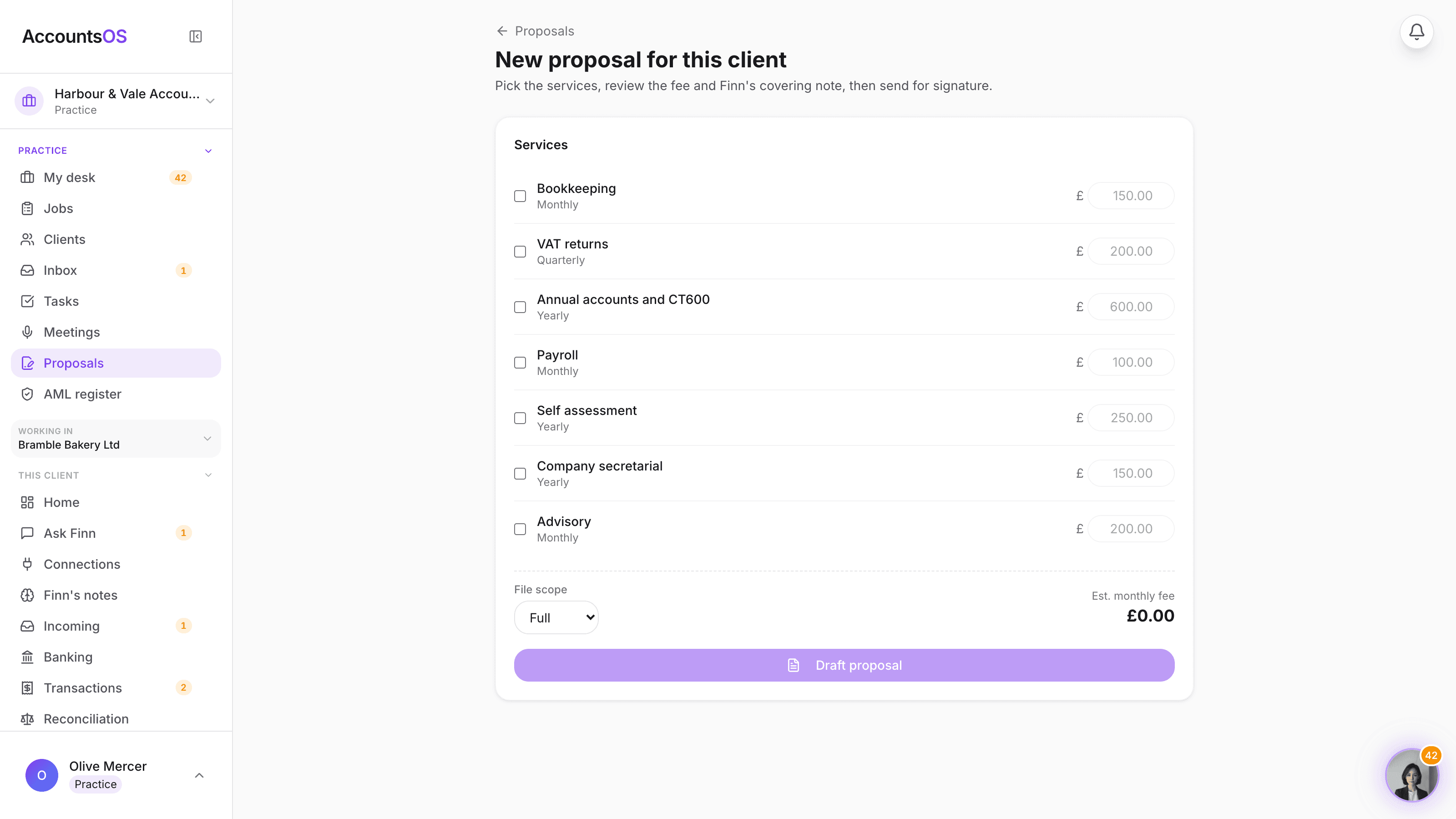 The proposal composer showing a service checklist with editable fees, the file scope selector and Finn's drafted covering note