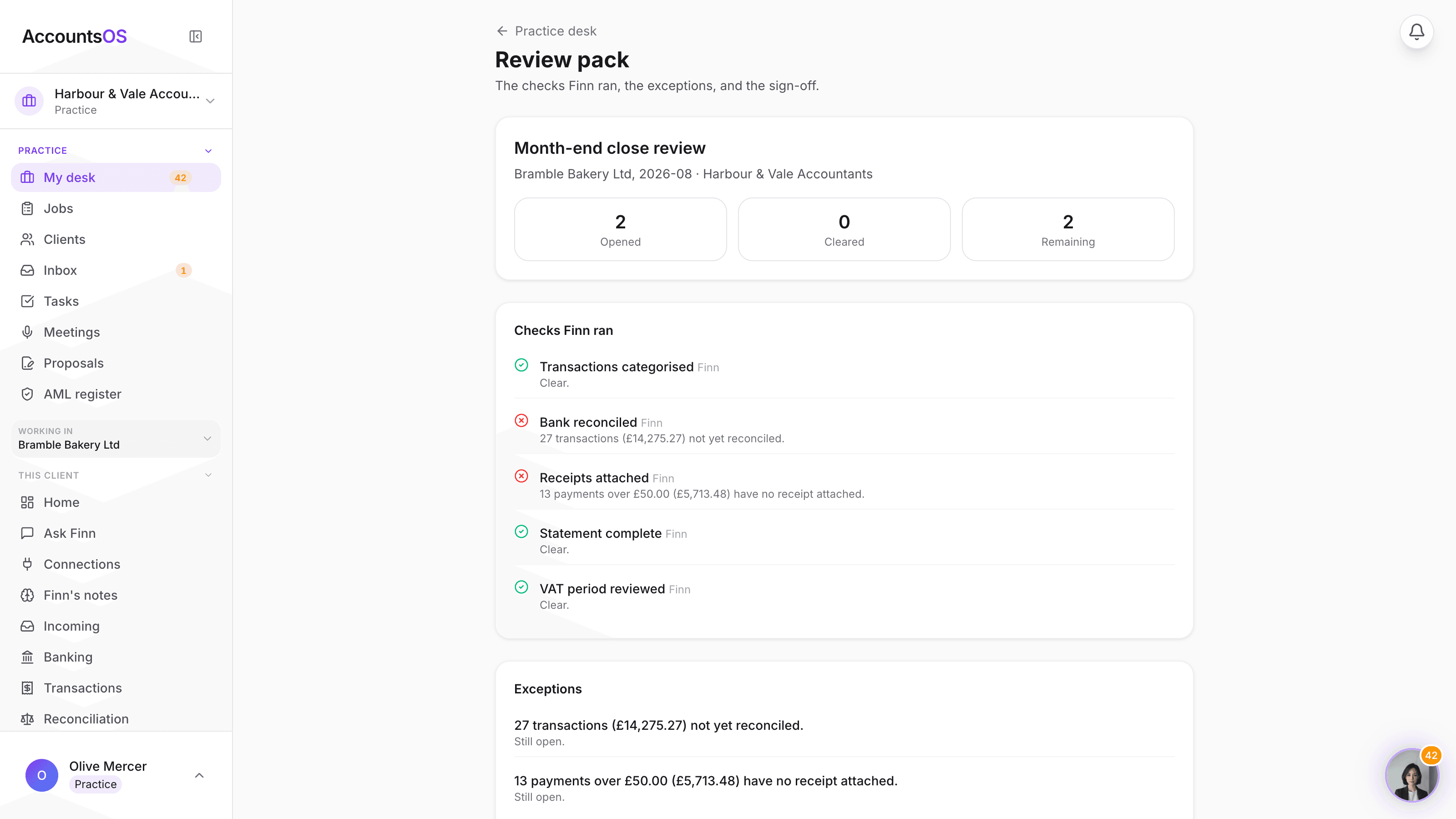 A review pack page showing a list of checks Finn ran with pass and fail marks, the exceptions and how they were cleared, and a sign off button