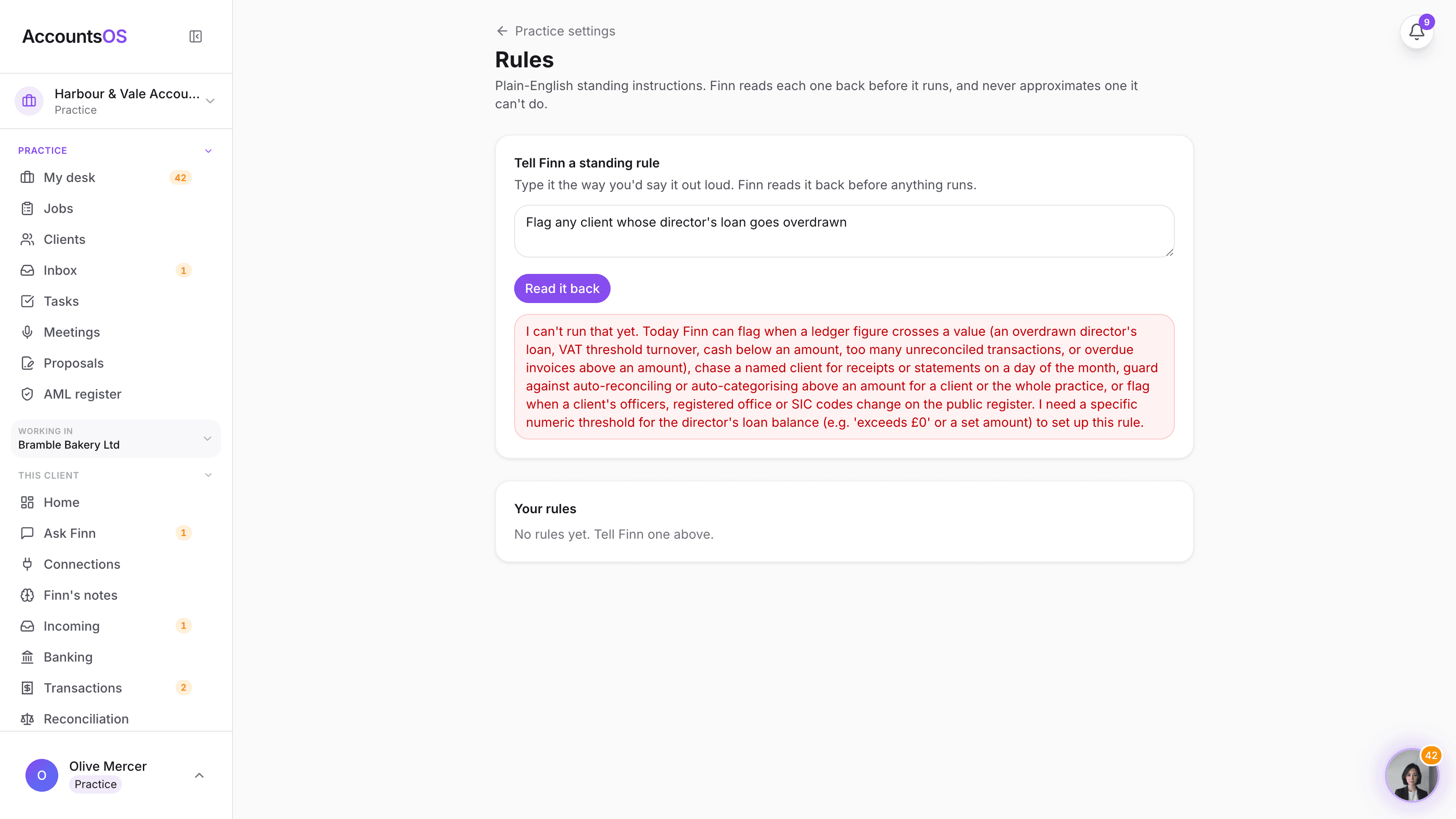 The practice rules settings page showing a rule typed in plain English, Finn's parsed reading with Confirm and Cancel, and a list of existing rules with scope and fired count