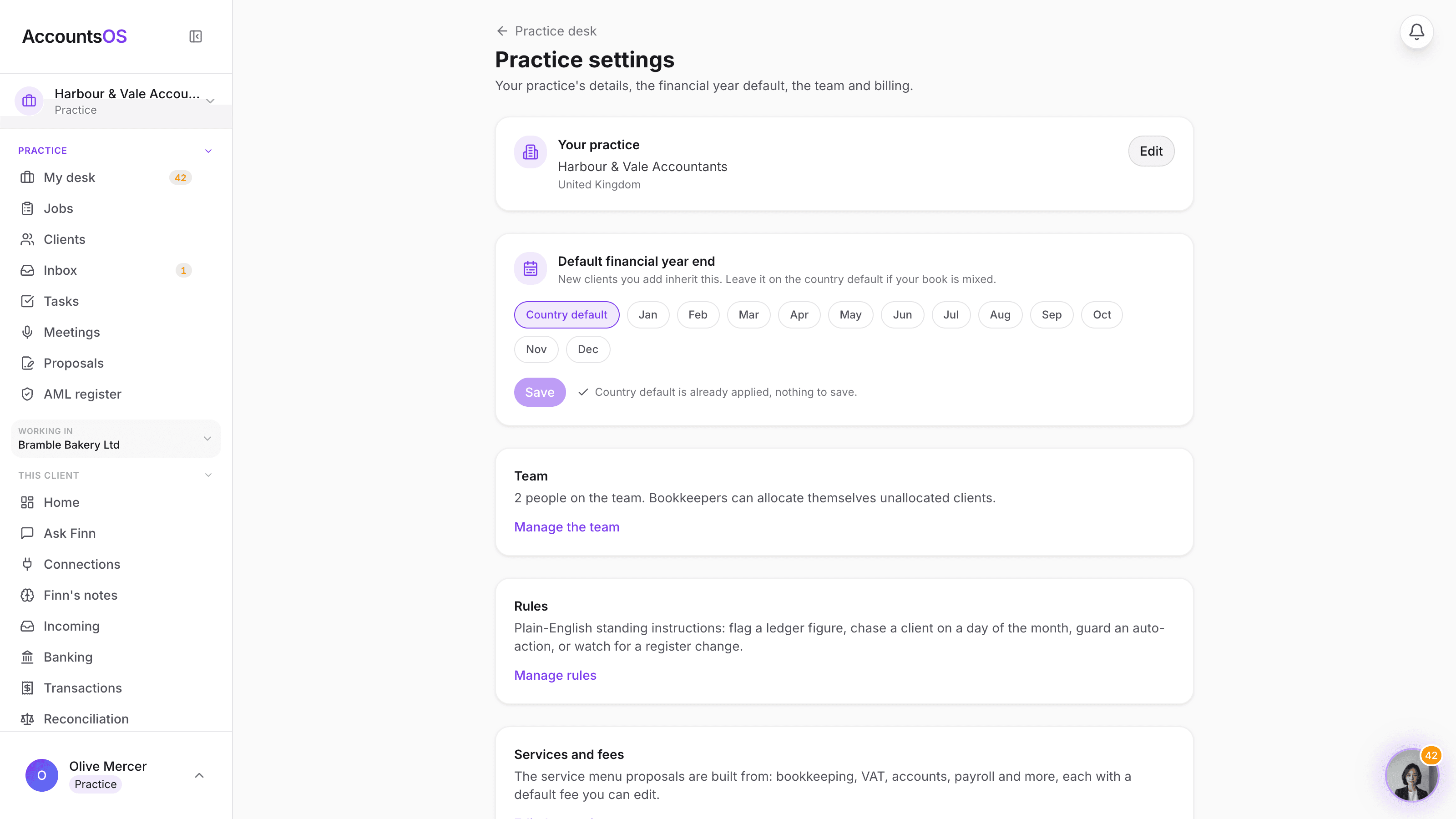 The practice settings page with the practice details card, default financial year end, team summary and billing summary