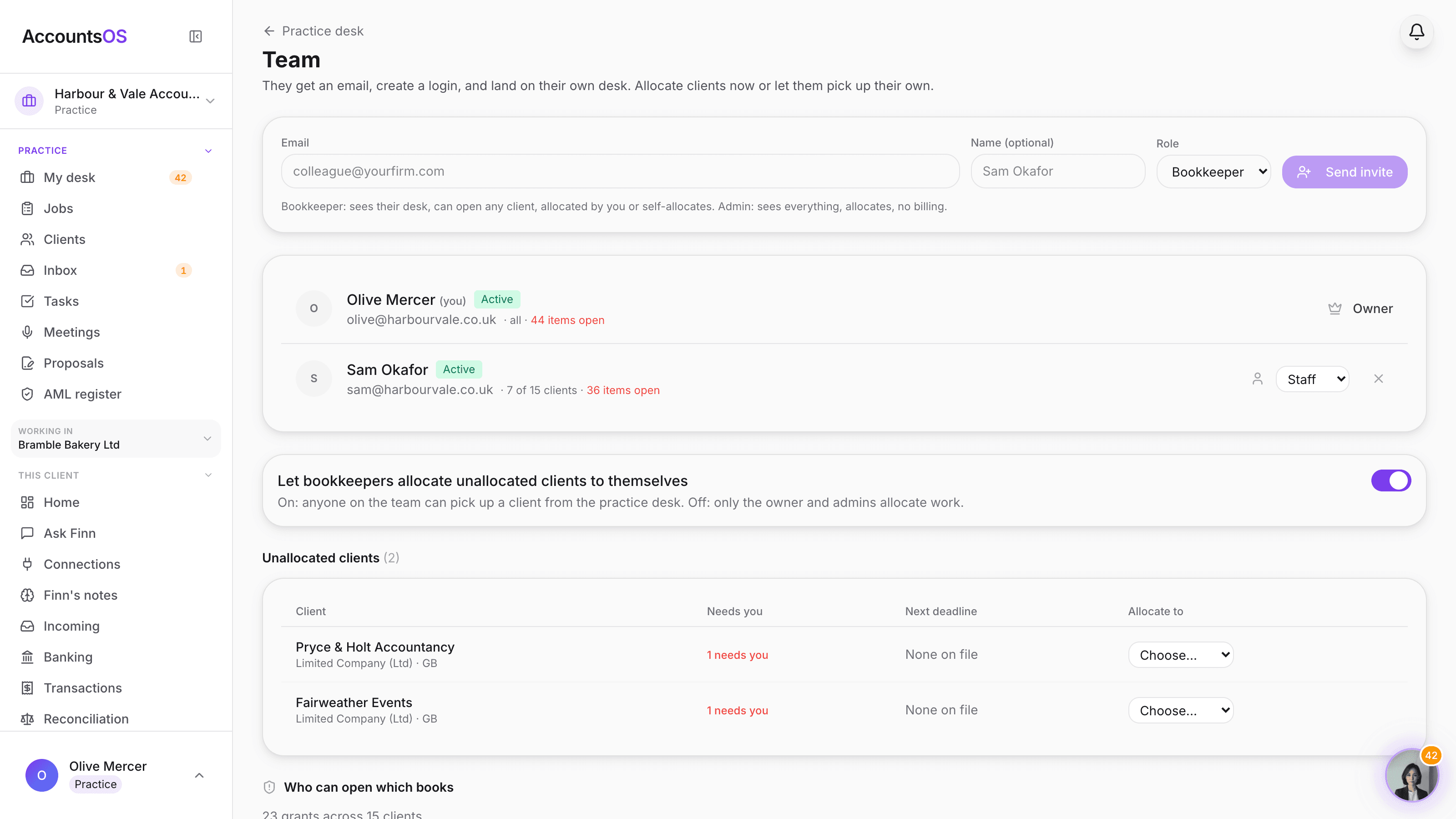 The access audit table on the practice team page listing each person, the client they can open, their role, how they got access and a revoke control