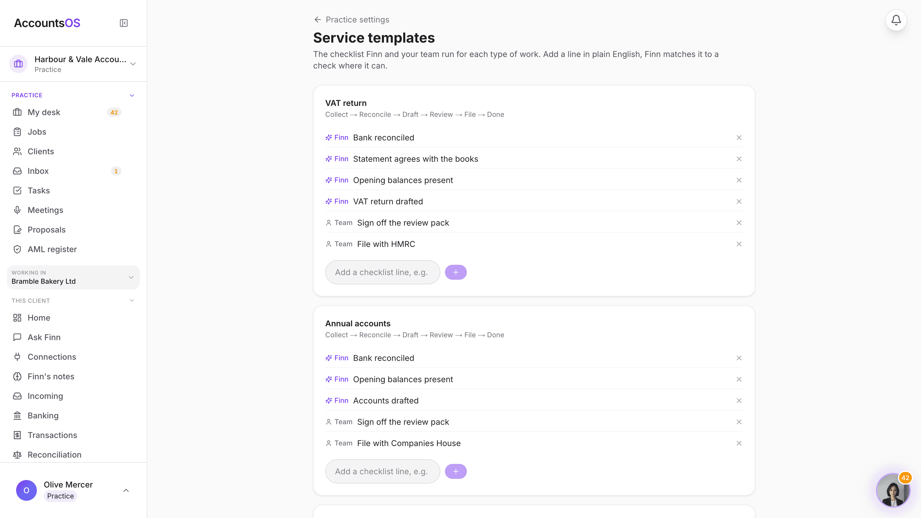 The service templates settings page showing a checklist for VAT returns with Finn and Team owner chips and an add line input