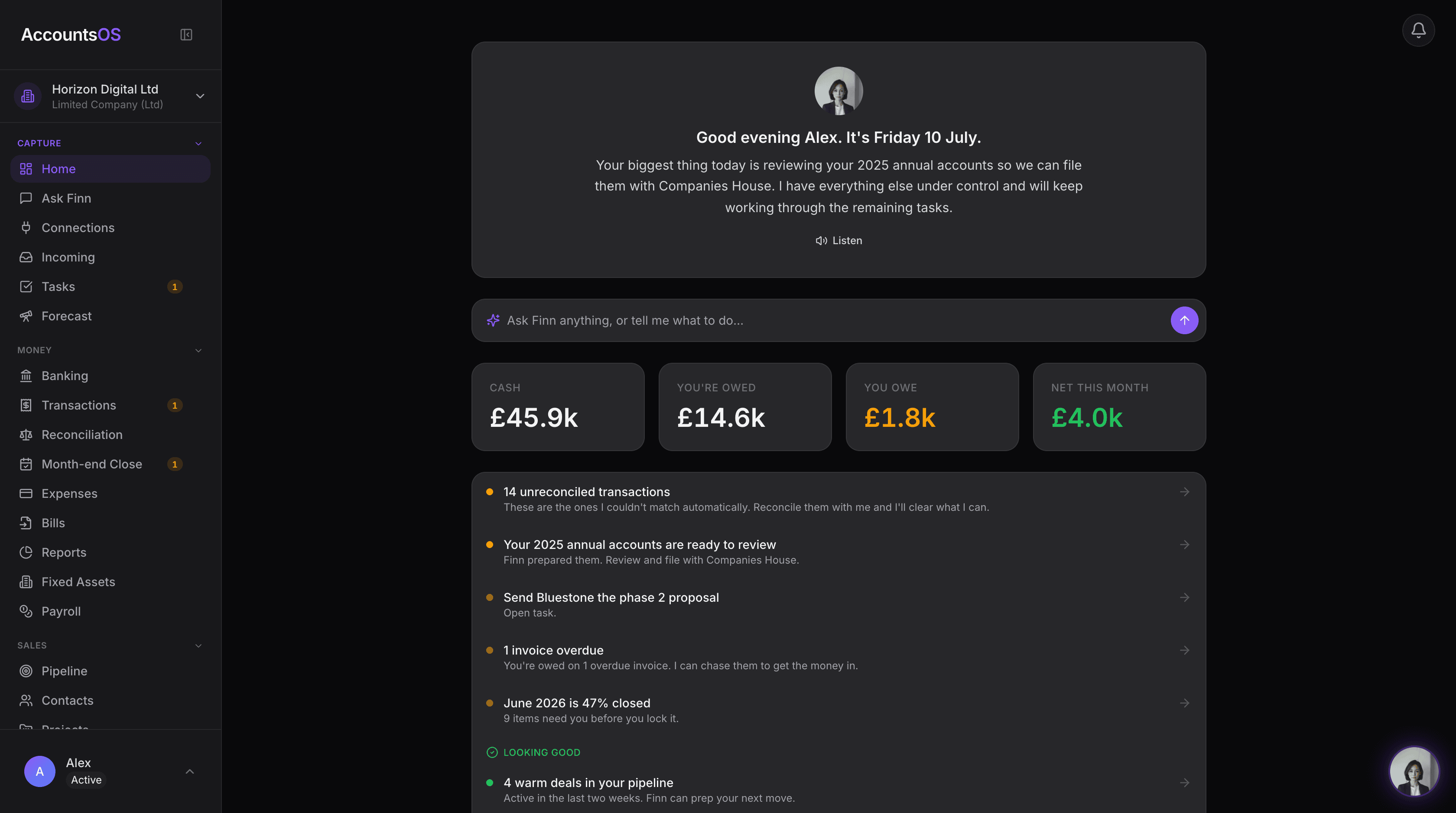 The AccountsOS dashboard: cash, what you're owed, what's due, and what needs you