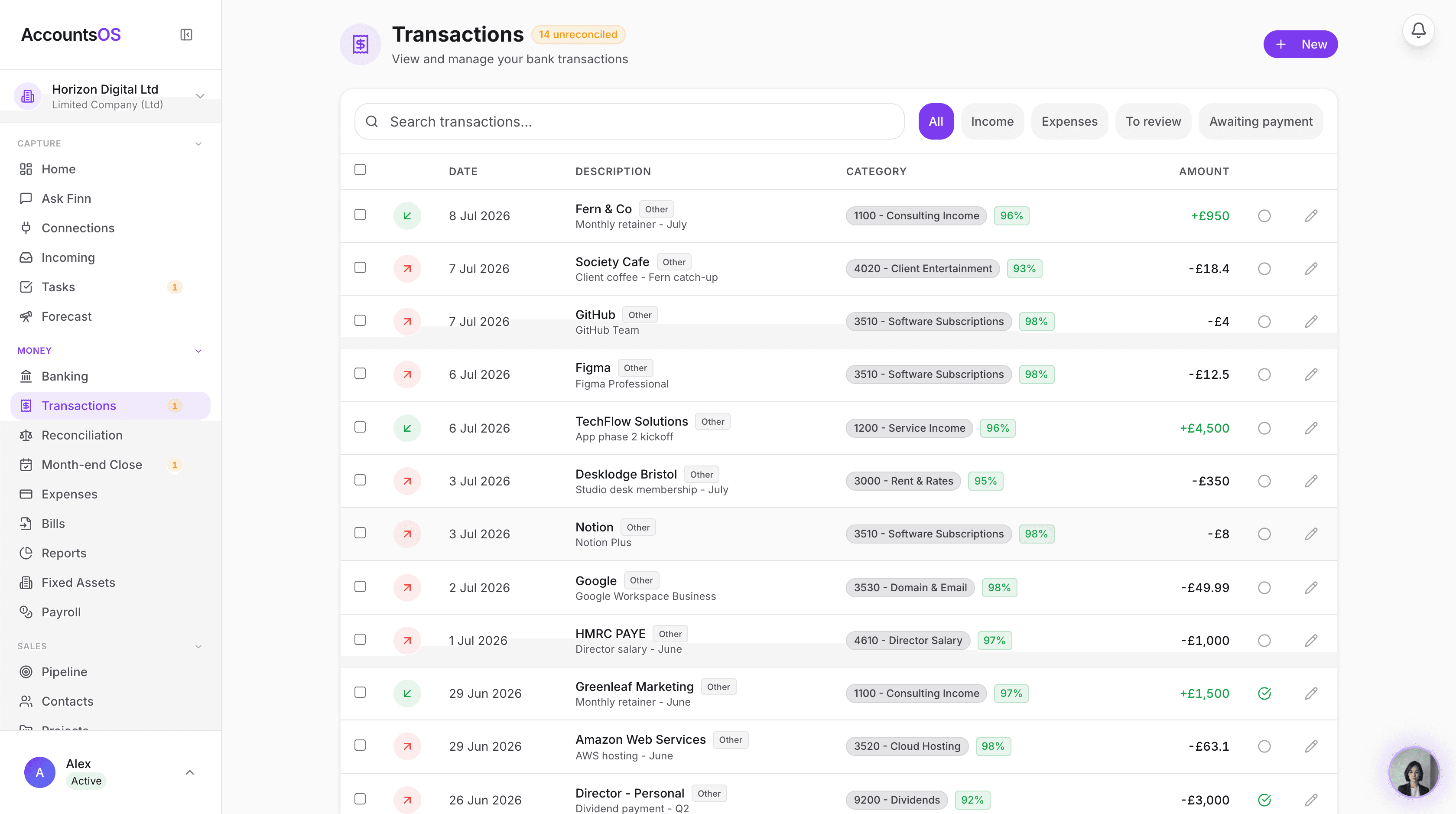 Transactions in AccountsOS after a switch, each line carrying Finn's suggested category and a confidence score