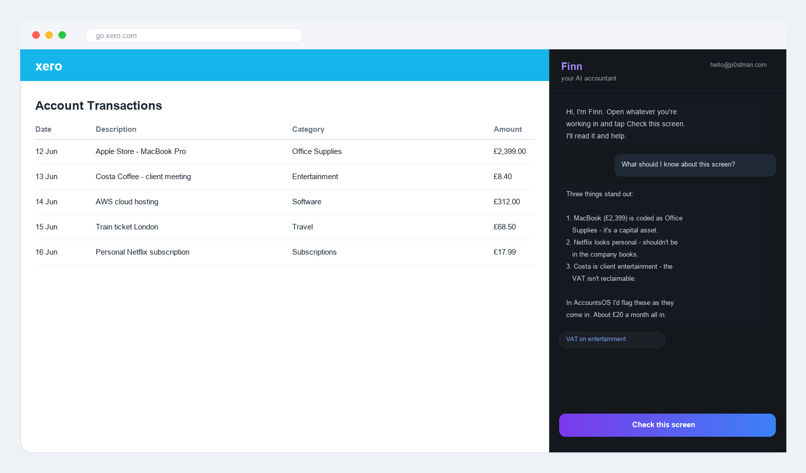 Finn browser extension open beside an accounting screen, flagging a miscategorised asset, a personal expense and an irrecoverable VAT entry